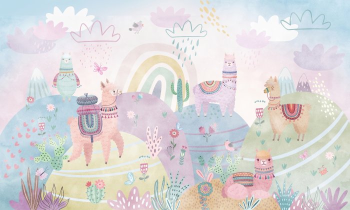 Fotobehang Lama&#39;s in een sprookjeswereld kleurrijk patroon voor kinderen
