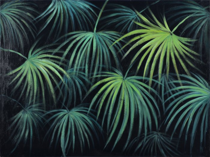 Fotobehang Groene tropische bladeren op een donkere achtergrond