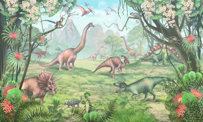 Fotobehang Dinosaurussen tussen tropische planten tegen de achtergrond van een vulkaan
