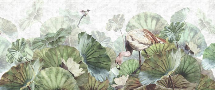 Fotobehang Exotische vogels en waterlelies in aquarelstijl
