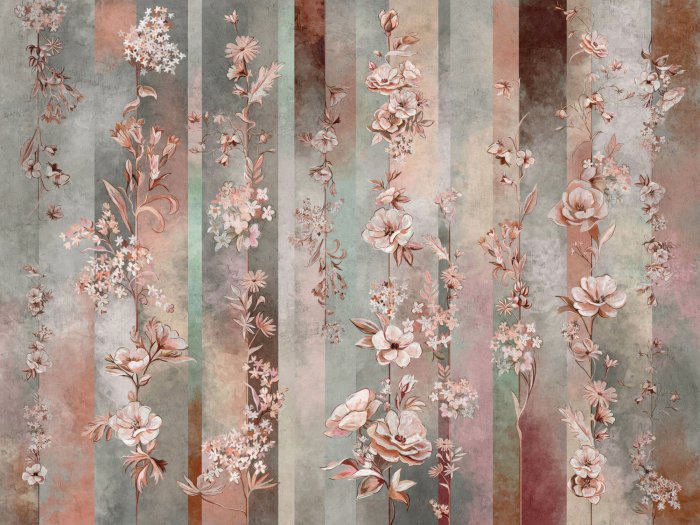 Fotobehang Bloemen op wijnstokken met een gestreepte achtergrond