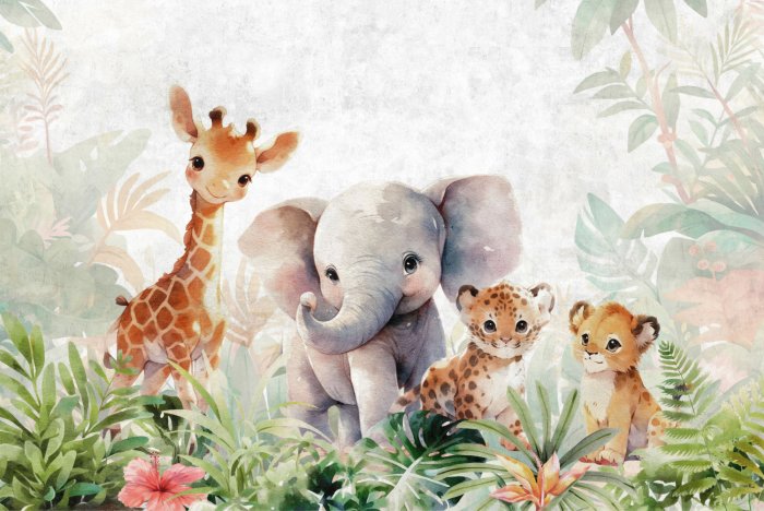 Fotobehang Aquarelpatroon van dieren en bladeren voor kinderen