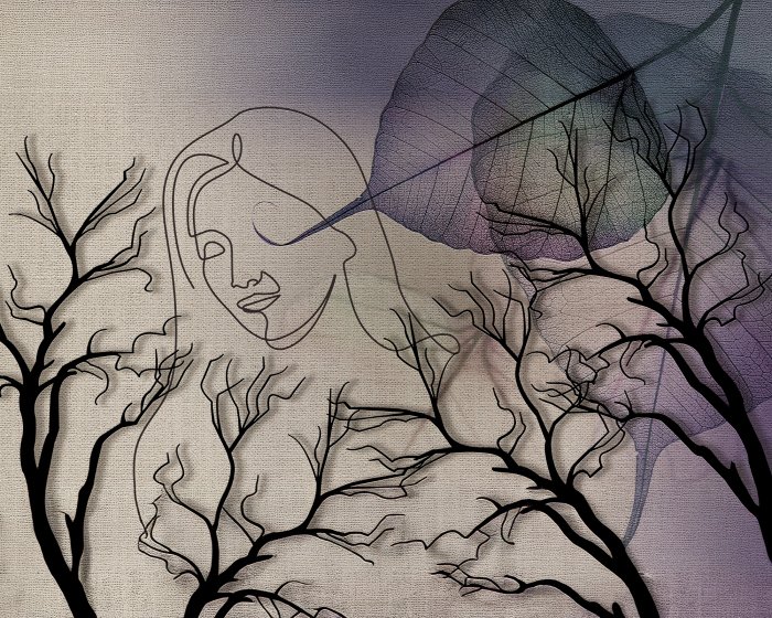 Fotobehang 3D-schets van een vrouw tussen boomtakken en bladeren