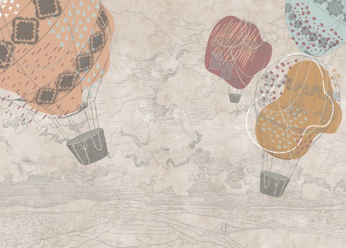 Fotobehang Beige schetsstijl landschap met ballonnen