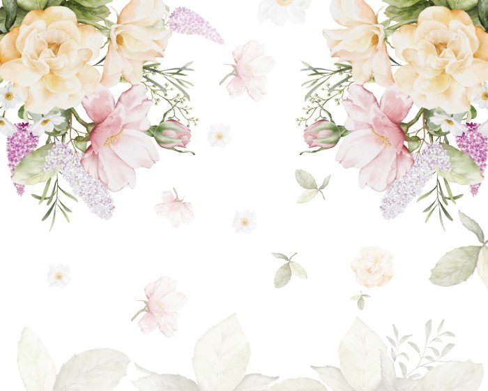 Fotobehang Aquarelbloemen en bladeren op een witte achtergrond