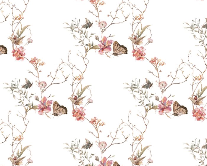 Fotobehang Vlinders en bloemen in aquarelstijl op een witte achtergrond