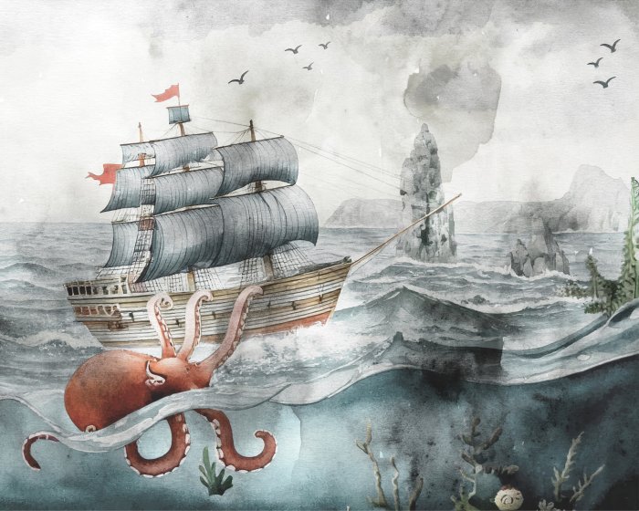 Fotobehang Schip op zee en octopuspatroon voor kinderen