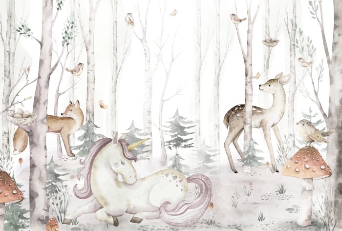 Fotobehang Een eenhoorn en dieren tussen de bomen in een sprookjesbos