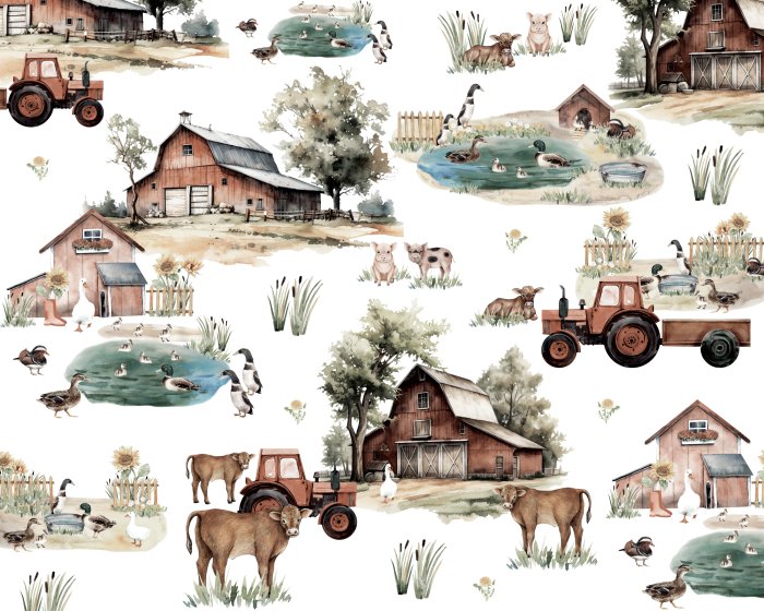 Fotobehang Aquarelboerderij met dieren, kinderpatroon