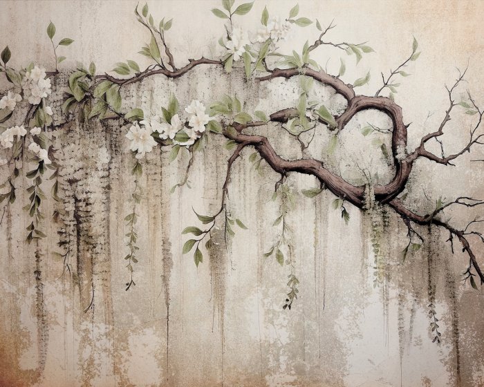 Fotobehang Witte bloemen op een boom met een betonnen textuur op de achtergrond