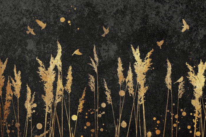 Fotobehang Grassen en vogels op een zwarte betonnen achtergrond