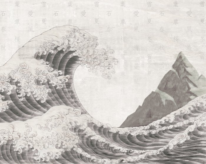 Fotobehang Het grote golfpatroon voor de kust van Kanagawa in monochroom