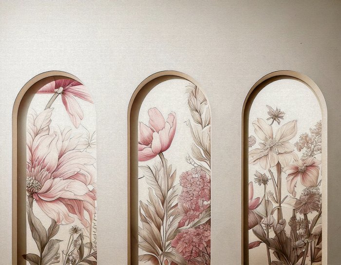 Fotobehang Bloemen in 3D bogen botanisch patroon