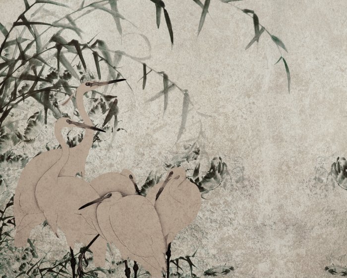 Fotobehang Reigers en groene bamboetakken