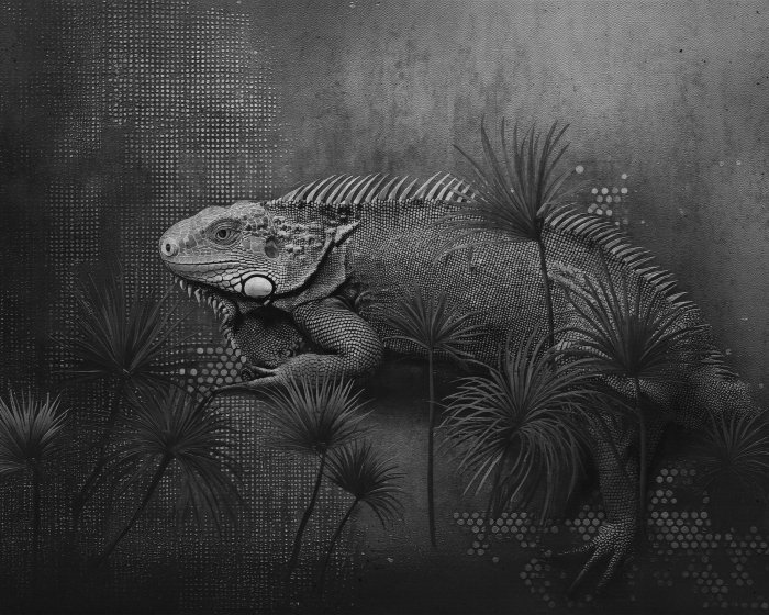 Fotobehang Kameleon en palmbladeren op een betonnen achtergrond