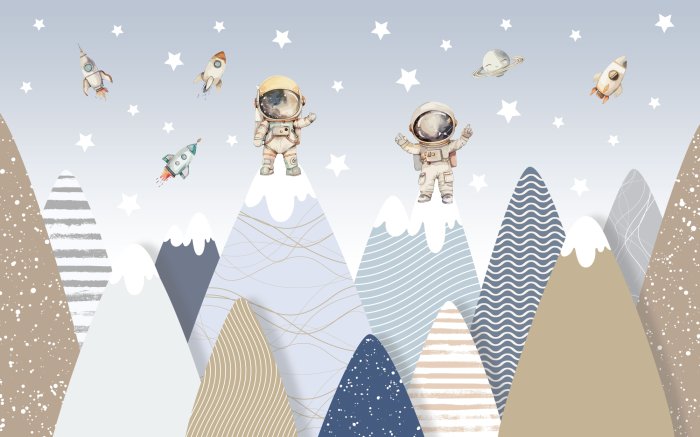 Fotobehang Kosmonauten en bergen 3D-patroon voor kinderen