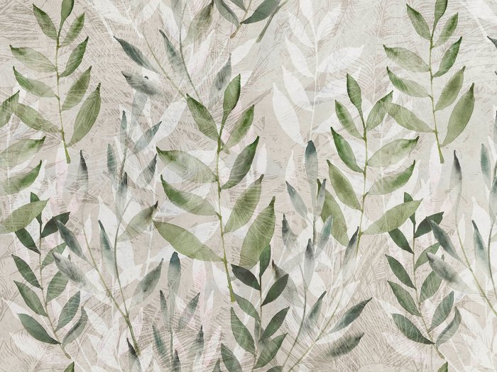 Fotobehang Witte en groene bladeren in aquarelstijl