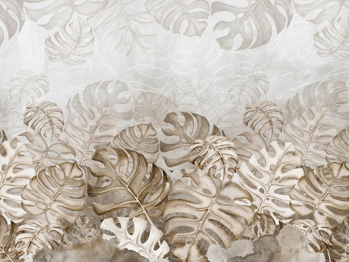 Fotobehang Monsterabladeren op een aquarelachtergrond