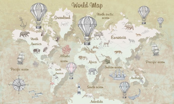 Fotobehang Wereldkaart voor kinderen met dieren