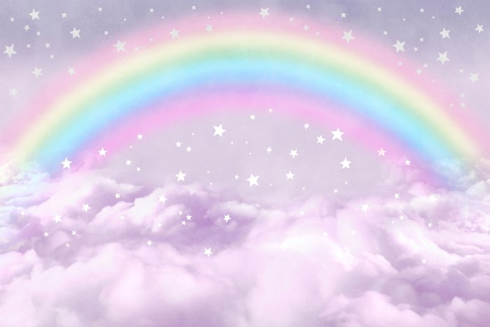 Fotobehang Een regenboog tussen paarse wolken en sterren