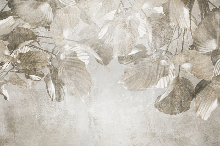Fotobehang Tropische bladeren op beton in grijstinten