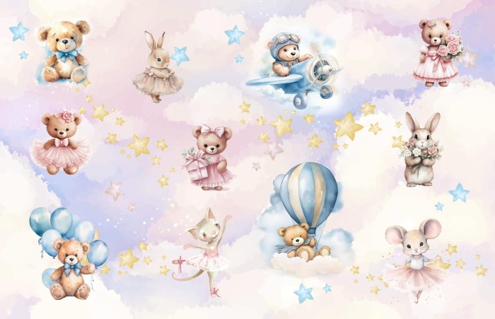 Fotobehang Dieren tegen een pastelkleurige lucht in aquarelstijl