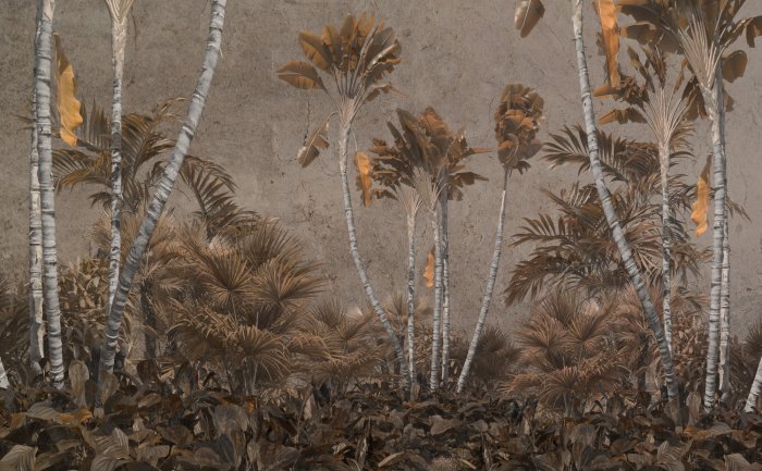 Fotobehang Tropische planten en palmbomen in herfstkleuren