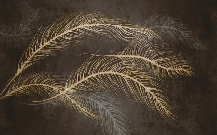 Fotobehang Abstracte 3D gouden veren op een donkere achtergrond