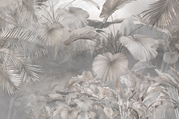 Fotobehang Tropisch bos met planten in grijstinten