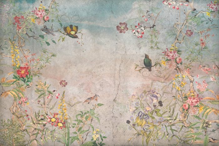 Fotobehang Bloemen en vogels in een kleurrijke tuin