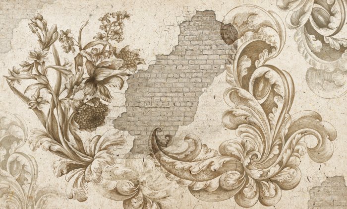 Fotobehang Bloemen en ornamenten op een betonnen achtergrond