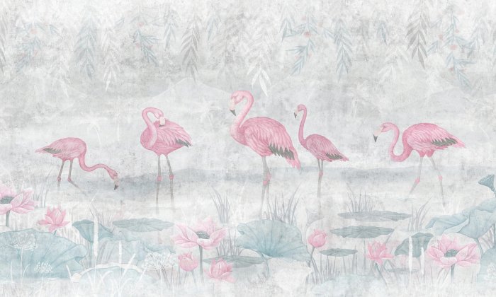 Fotobehang Muurschildering met flamingo&#39;s en roze waterlelies