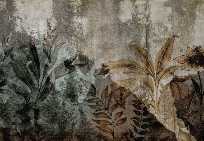 Fotobehang Botanische abstractie op beton