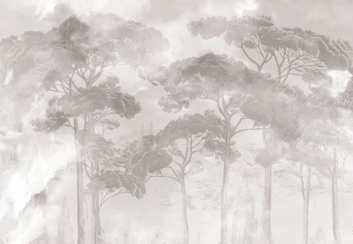 Fotobehang Mistig boslandschap in beige