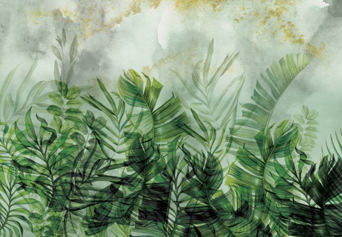 Fotobehang Bladeren op een groene aquarelachtergrond