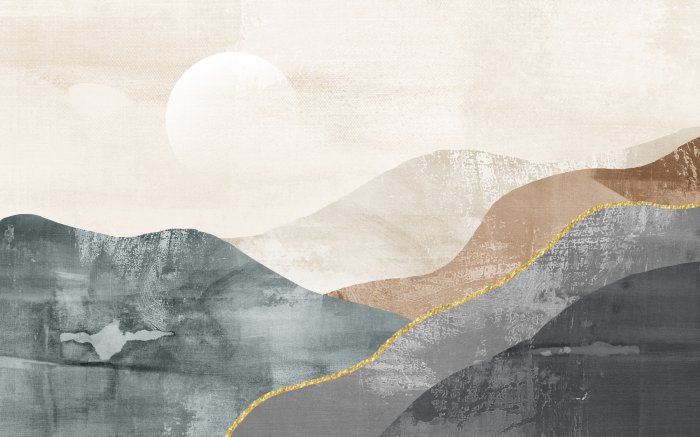 Fotobehang Abstract landschap van bergen en de maan