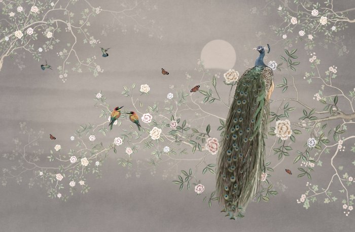 Fotobehang Pauw en vogels op boomtakken met bloemen