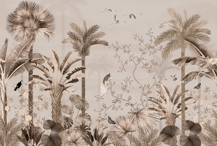 Fotobehang Palmbomen en vogels in de tropische junglecompositie