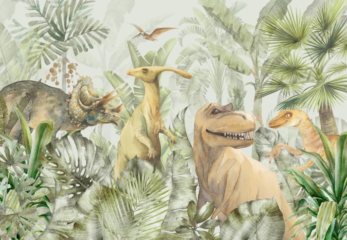 Fotobehang Dinosaurussen en tropische planten compositie voor kinderen