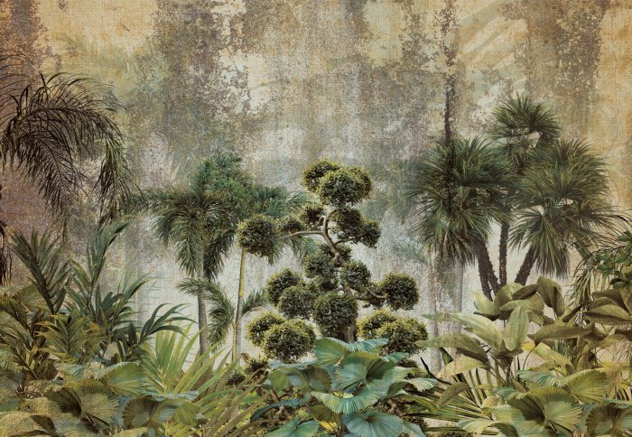 Fotobehang Exotische vegetatie op een betonnen achtergrond, groene compositie