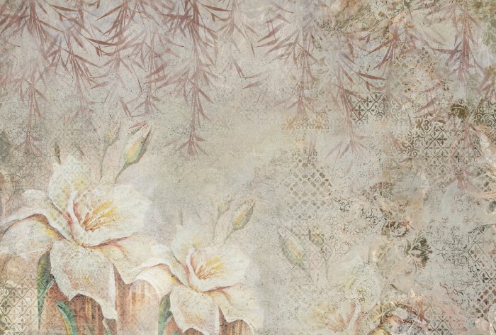 Fotobehang Bloemen boven hangende bamboebladeren