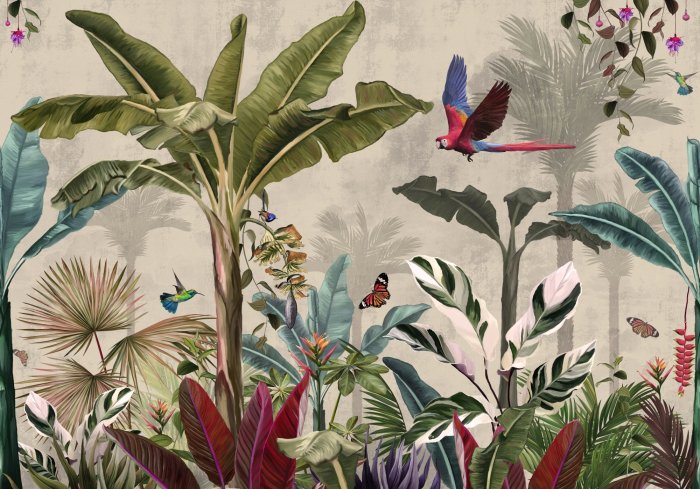 Fotobehang Tropische jungleplanten met vogels en vlinders