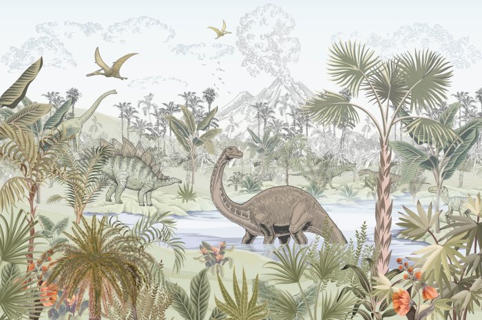 Fotobehang Tropisch landschap met een vulkaan en dinosaurussen