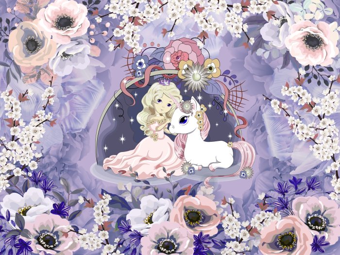 Fotobehang Prinses en witte eenhoorn tussen bloemen