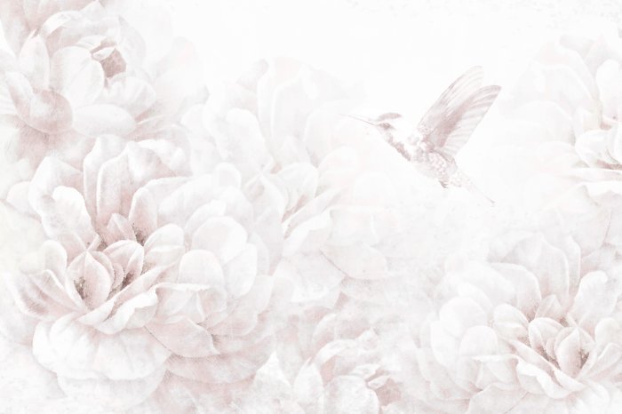 Fotobehang Een vogel tussen pastelkleurige pioenrozen