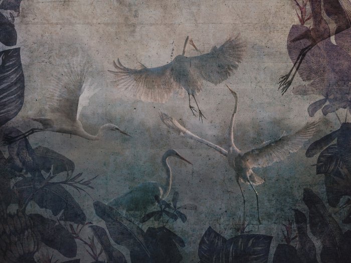 Fotobehang Vintage vogels en tropische bladeren