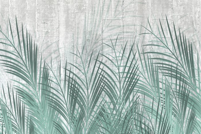 Fotobehang Groene palmbladeren op een grijze betonnen achtergrond