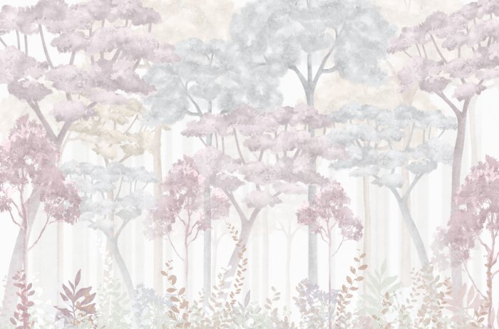 Fotobehang Pastelkleurige bomen in een aquarelbos