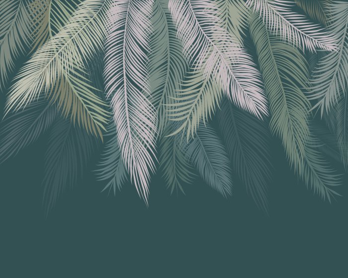 Fotobehang Palmbladeren hangen van bovenaf tegen een groene achtergrond
