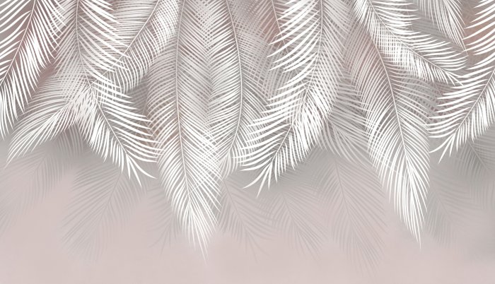 Fotobehang Tropische palmbladeren hangen van bovenaf op een pastelkleurige achtergrond